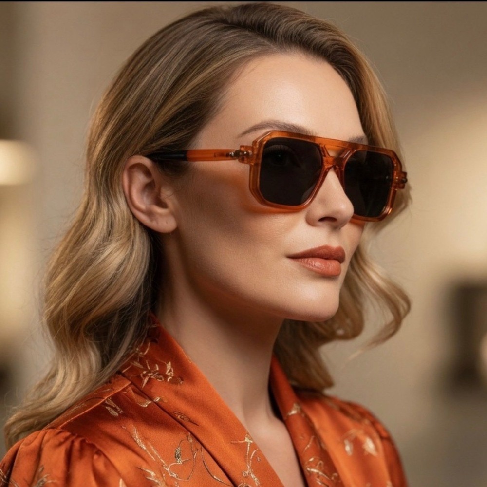 Women Oversized Square Sunglasses Amber Orange Flat Top Fancy Modern Lentes 2026